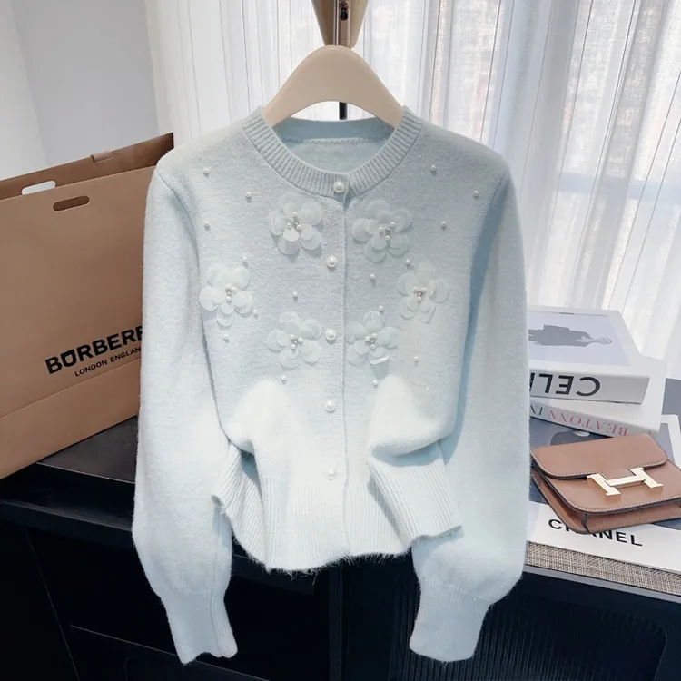 重工立体花朵针织开衫女早秋2025新款时尚洋气减龄慵懒风毛衣上衣