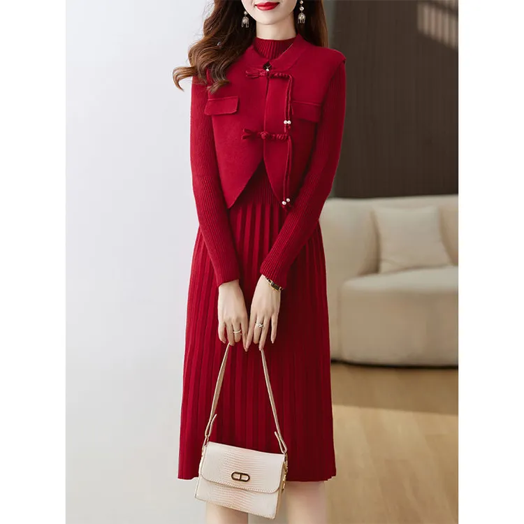 针织连衣裙女秋冬加厚新款气质奢华时尚洋气喜婆婆婚宴套装两件套