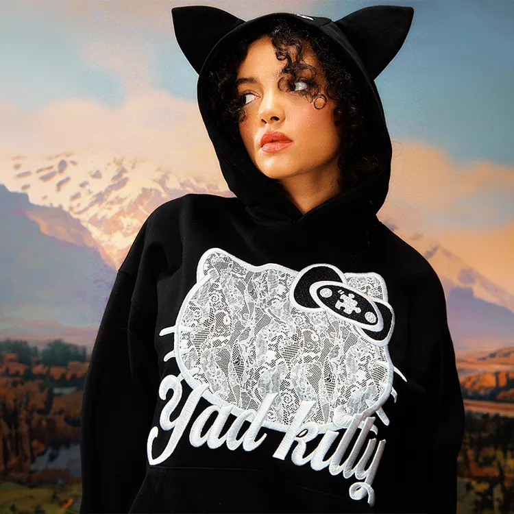 达人专属YADcrew亚德鲁恶搞KT蕾丝立体绣连帽卫衣秋季宽松街头百搭上衣
