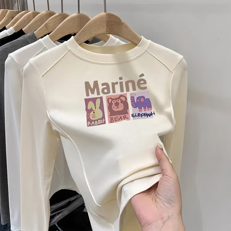 女童圆领打底衫秋冬新款中大童卡通韩版洋气T恤百搭印花保暖上衣