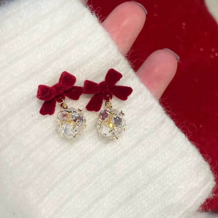 铜合金布艺耳饰 红色丝绒蝴蝶结无耳洞耳饰耳夹女耳坠过年|红绫