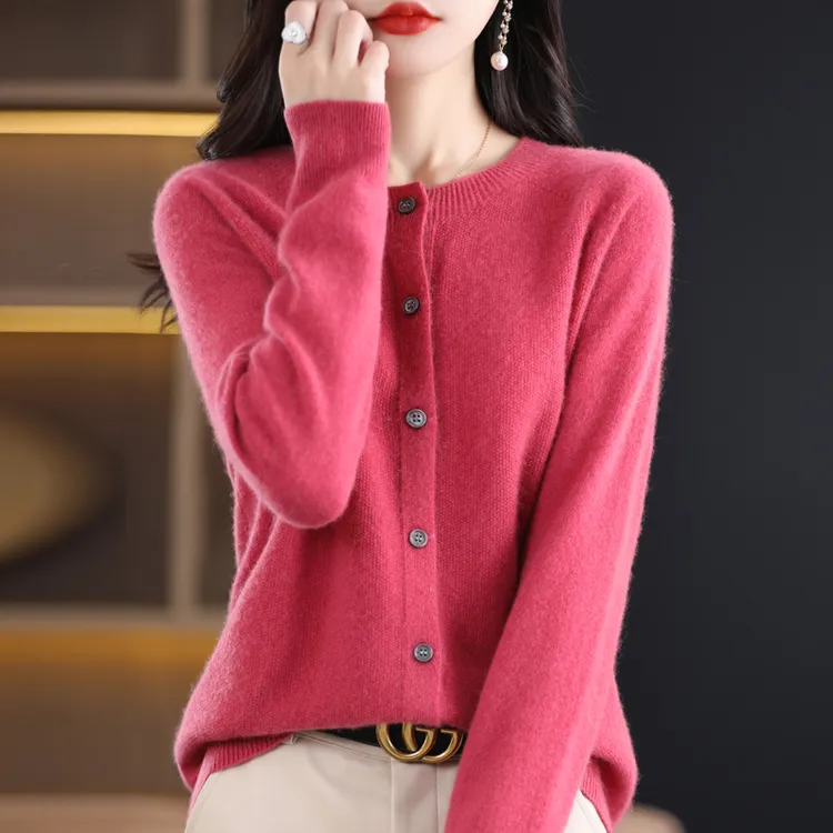 一线成衣100%纯羊毛开衫女圆领纯色针织宽松外套秋冬时尚百搭上衣