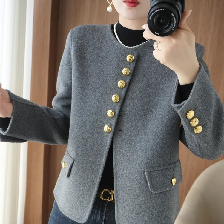 秋冬新款双面羊毛大衣女圆领短款小个子气质小香风羊毛呢外套Y81