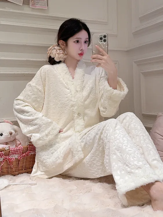 海岛绒豹纹睡衣女款2025新款秋冬加绒双面绒保暖小香风家居服套装