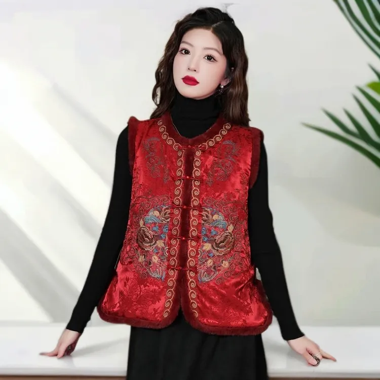 新款民族新中式秋季复古刺绣背心加棉立领提花重工坎肩中国风马甲