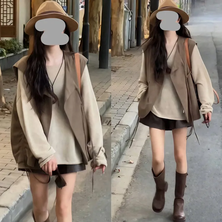 2025早秋宽松显瘦马甲背心长袖针织打底上衣百搭皮短裤三件套装女