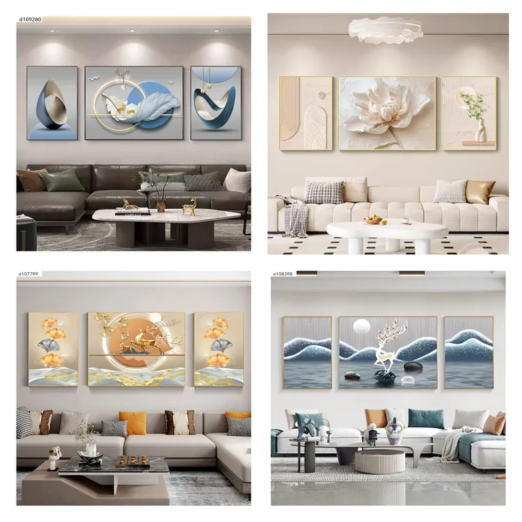 新款花卉山水客厅装饰画简约时尚高端三联壁画沙发背景墙挂画