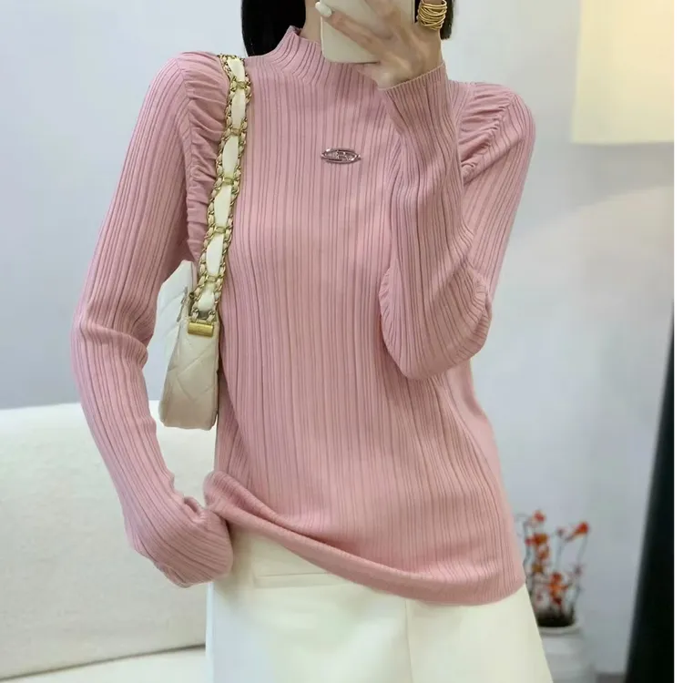 2024早秋新款女装半高领套头毛衣内搭褶皱打底衫设计感羊毛针织衫