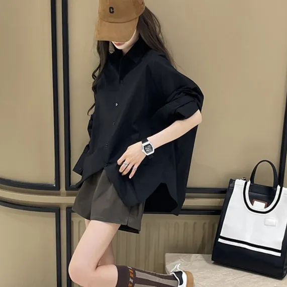 港风气质黑色长袖衬衫女秋季新款宽松BF风oversize小众上衣外套女