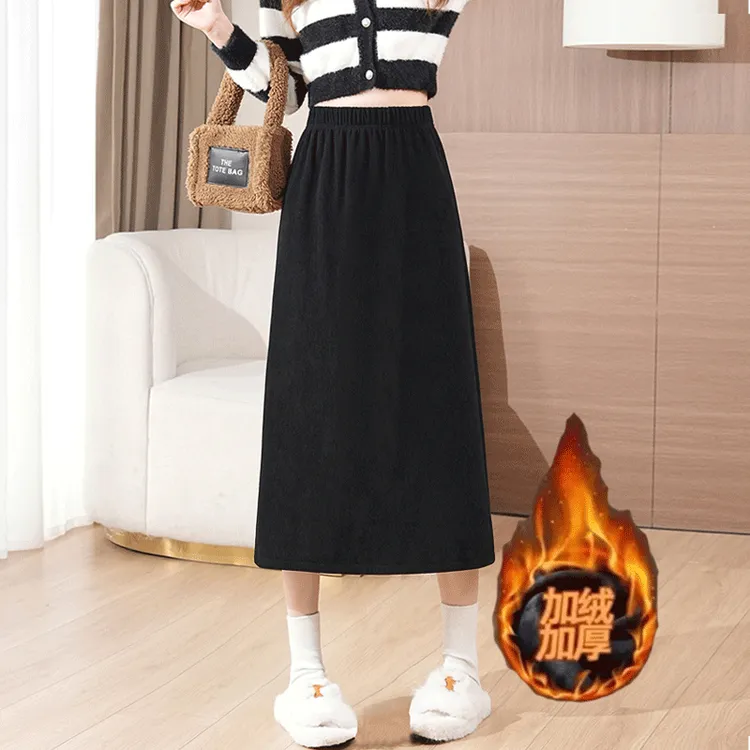 现货现发】加绒加厚秋冬百搭半身裙大码女装遮肉显瘦中长款直筒裙