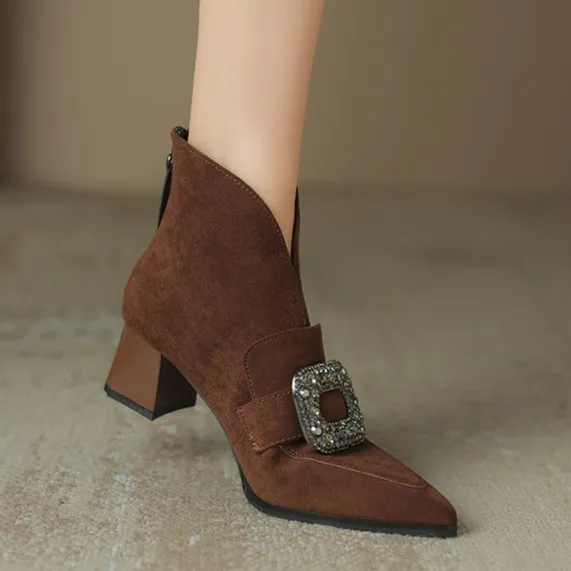 跟高5CM  粗跟短靴女2025年秋冬新款真皮水钻扣尖头及裸靴子