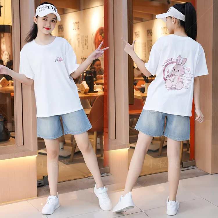 女童夏季短袖T恤薄款牛仔短裤青少年中学生夏天宽松休闲两件套装