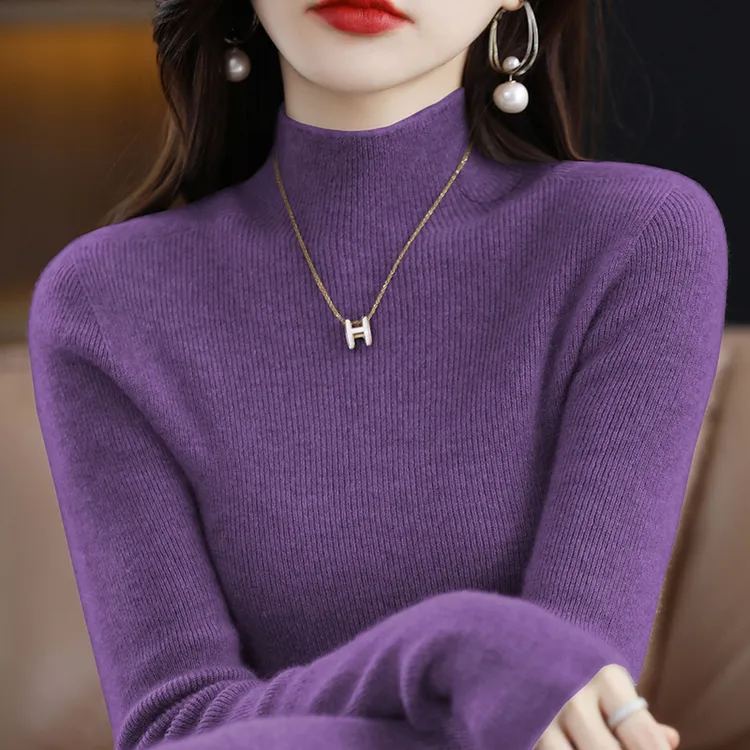 配大衣的内搭毛衣女秋冬新款紫色半高领修身软糯不起球针织打底衫