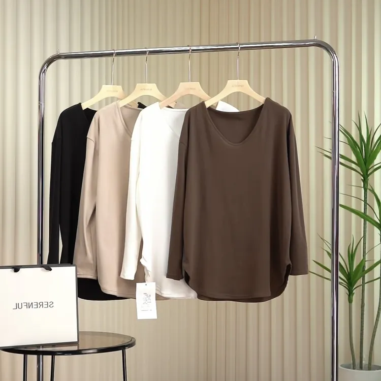 慵懒风百搭宽松长袖气质简约纯色双面加绒保暖打底上衣