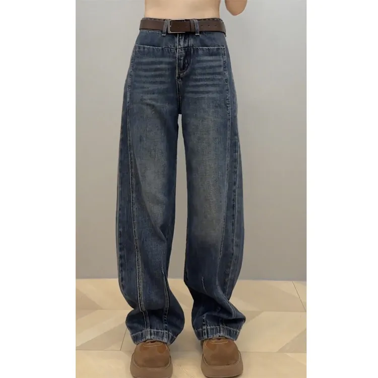 艾塔莉窄版阔腿牛仔裤女秋冬加绒加厚香蕉裤梨形身材大码弯刀裤