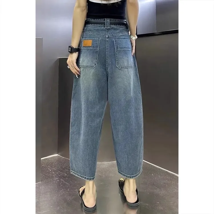 老爹牛仔裤子女秋冬2025新款宽松萝卜裤大码胖mm九分裤显瘦哈伦裤