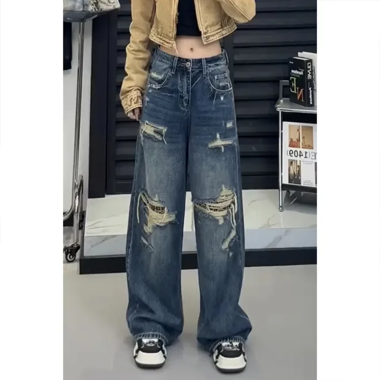 艾塔莉宽松阔腿牛仔裤女秋冬新款美式工装裤胖mm弯刀裤大码香蕉裤