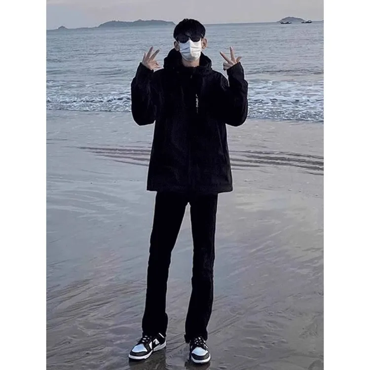 痞帅潮牌牛仔裤男帅气美式重磅黑色直筒裤子微喇高街百搭休闲长裤