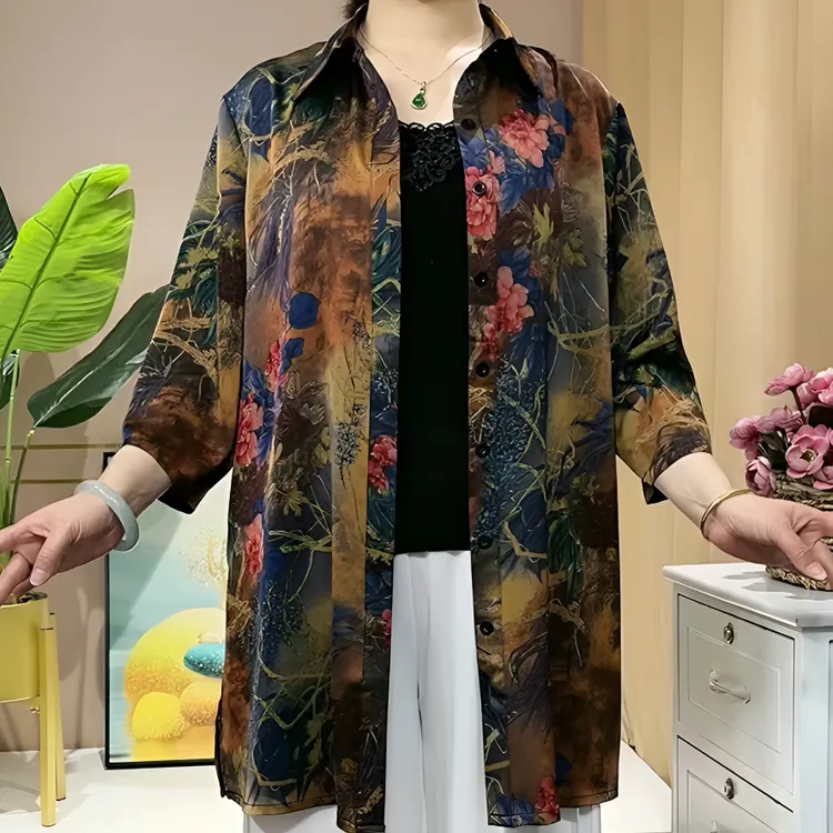 夏款中长款衬衫百搭减龄妈妈装小衫2025新款洋气印花宽松显瘦上衣