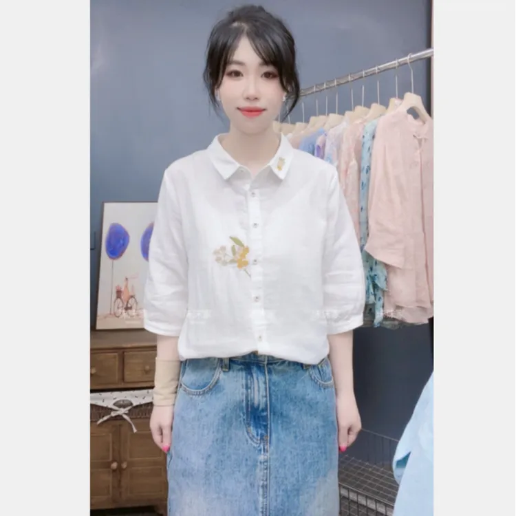 清新文艺树叶刺绣白衬衫 2024夏装新款款纯棉双层纱宽松七分袖女