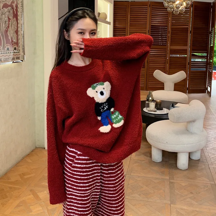 绵绵热能睡衣套装提花小熊冬季加绒加厚半边绒家居服柔软宽松保暖