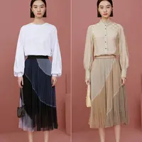 【丽公主】百褶纱裙渐变半身裙秋季拼色灵动长裙