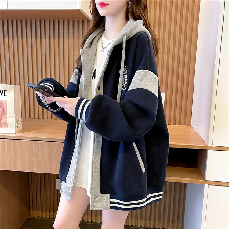 开衫连帽卫衣女2025春秋新款宽松休闲棒球服洋气拼接外套薄款上衣