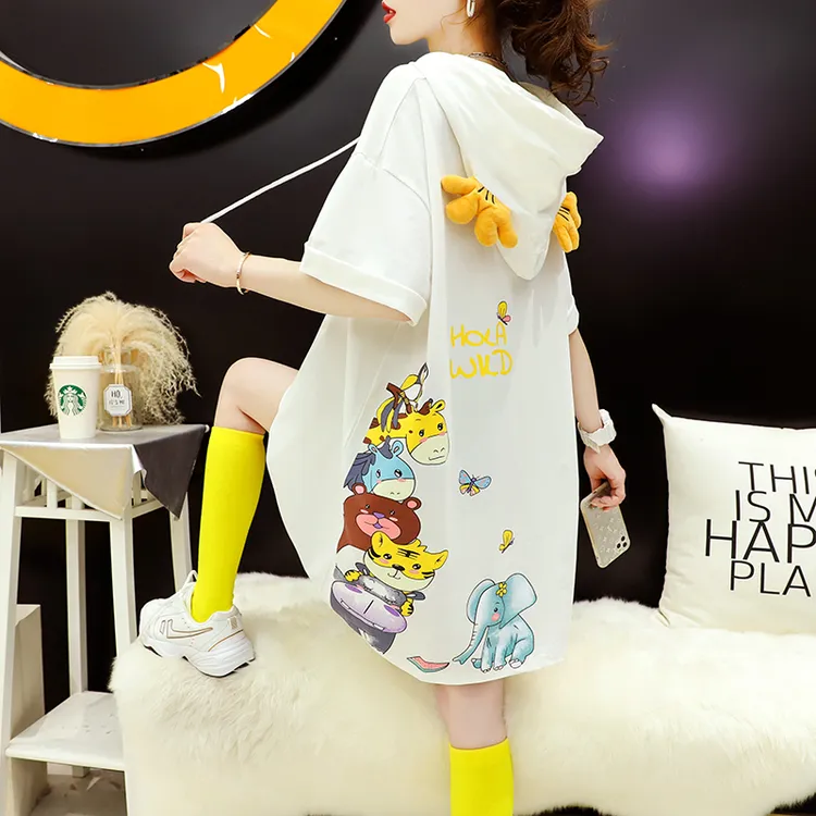 韩版卡通连帽短袖t恤女宽松中长款夏季新款设计感洋气半袖上衣潮