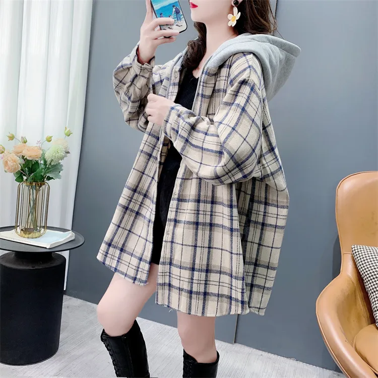 中长款连帽拼接复古磨毛格子衬衫女春秋2025新款宽松休闲外套上衣
