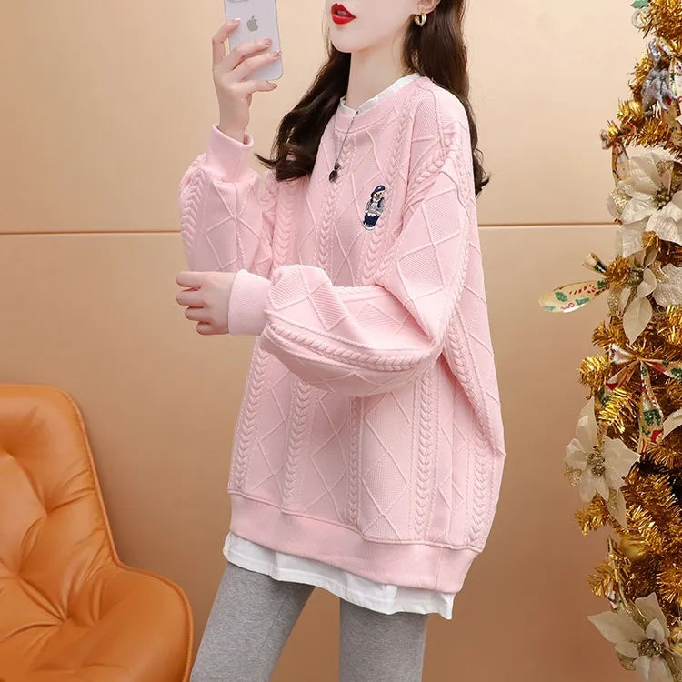 粉色假两件卫衣女2026新款宽松休闲网红中长款设计感春秋薄款上衣