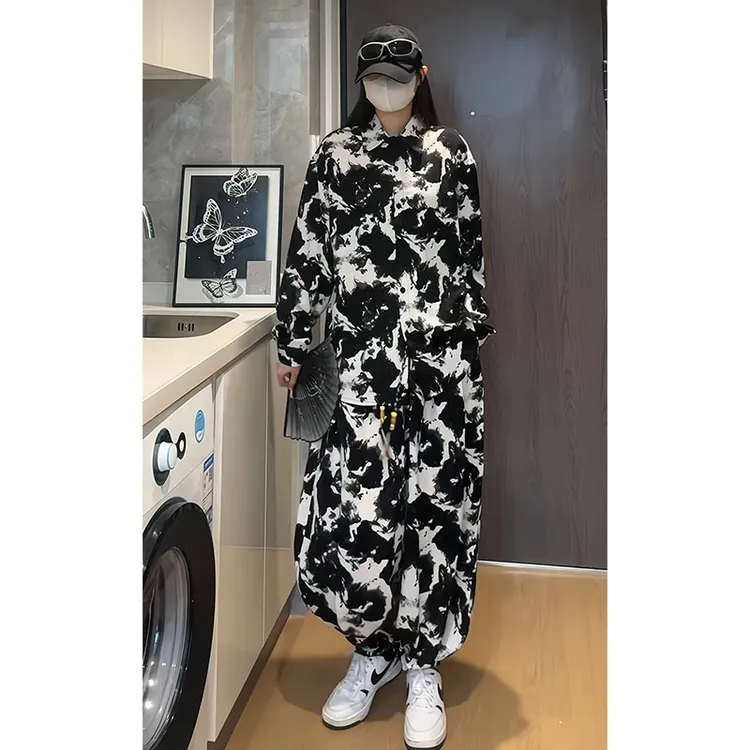 新中式冰丝垂感灯笼裤男夏季宽松大码短袖衬衫中国风潮流冰丝长裤