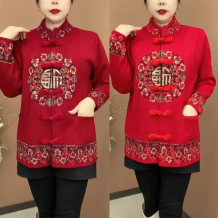 1101新款唐装红色针毛衫中老年妈妈衫
