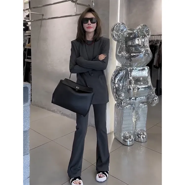 网红欧货2025秋季新款套装女长袖圆领T恤高腰显瘦阔腿裤两件套潮