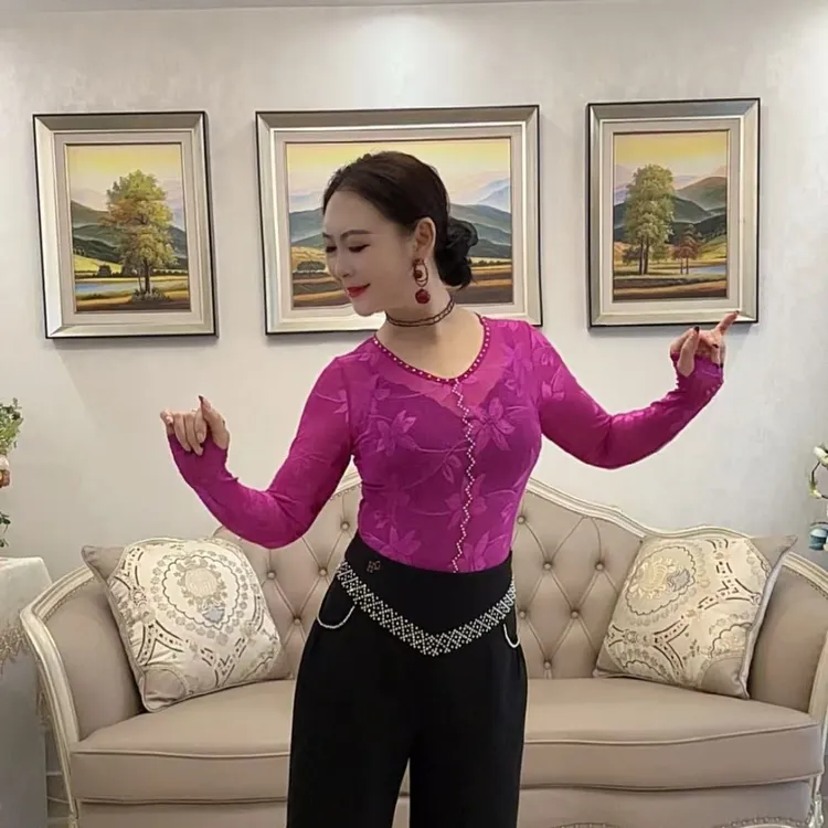 镂空蕾丝修身显瘦拉丁舞伦巴舞上衣