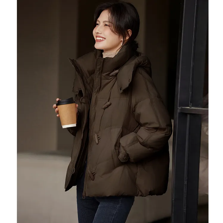 尚静加绒加厚舒适保暖宽松连帽短外套2024冬季新款简约面包服外套