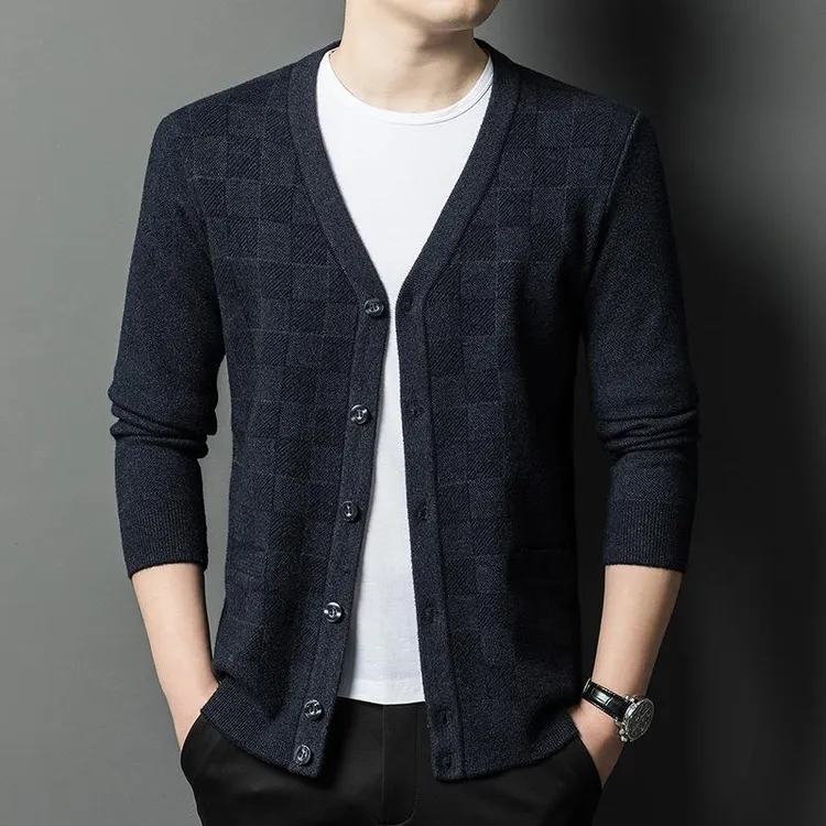 潮流皮草品牌男装中年男士针织开衫 2024秋冬新款时尚扣外套V领