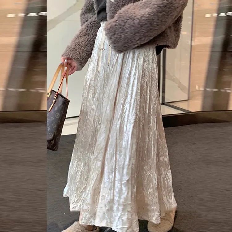 孕妇复古褶皱珠光丝绒半身裙女秋冬新款显瘦百搭百褶鱼尾裙女