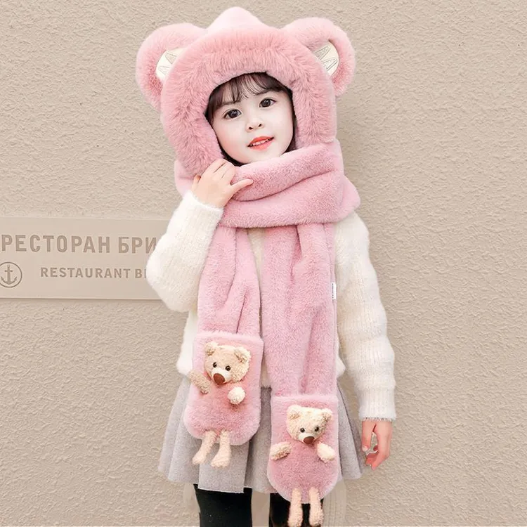 儿童帽子冬季三件套宝宝加绒手套超厚男女童冬天保暖帽子围巾一体