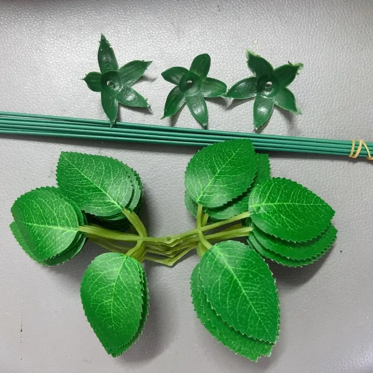 仿真玫瑰叶和花托，丝印花叶六片叶花杆三件套材料