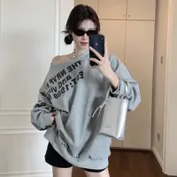 佐朗格奴春秋薄款小众斜肩浅灰色卫衣女大码宽松上衣时尚ins长袖