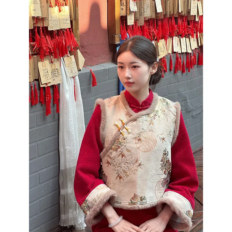 红色旗袍马甲套装加绒冬季领证订婚敬酒服少女日常可穿过年拜年服