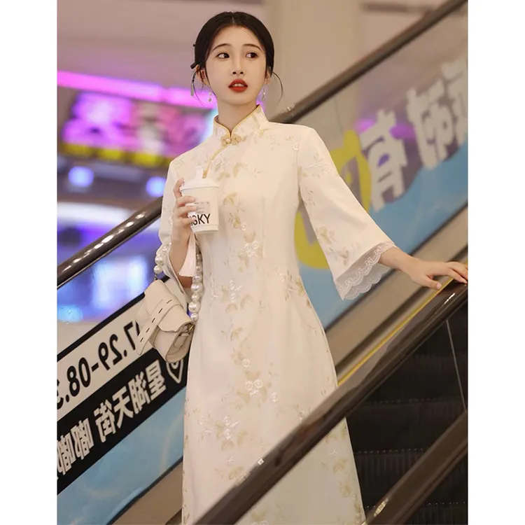 新中式气质优雅淑女范米白蕾丝倒大袖旗袍2025春秋季新款日常可穿