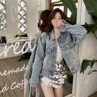 LU满天星重工手工镶砖短款牛仔外套女宽松百搭显瘦夹克新款8638