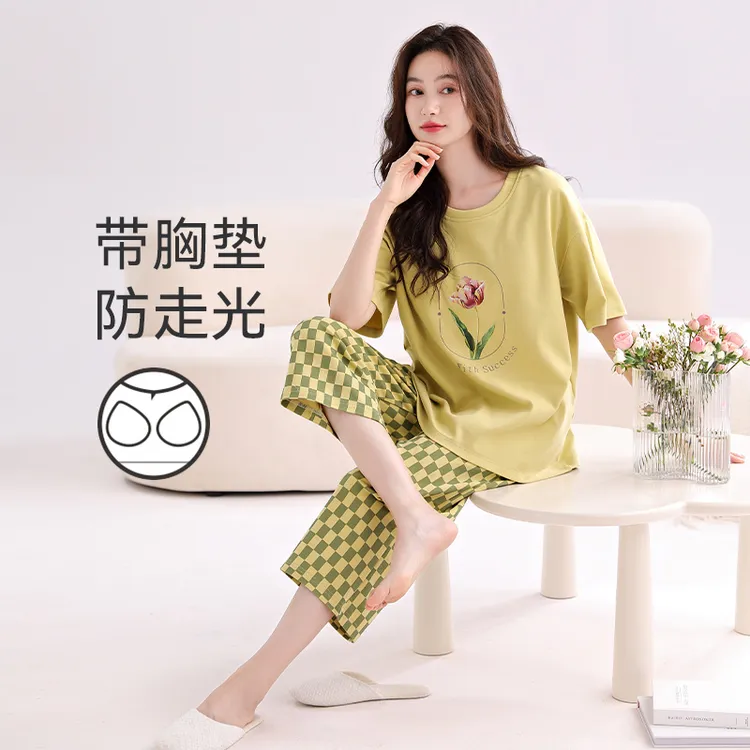 芬腾可安套头女睡衣夏季2026新款带胸垫七分裤家居服纯棉短袖套装