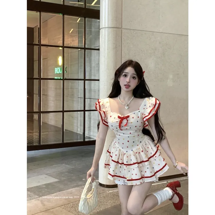 甜美小飞袖波点连衣裙女夏季裙子蝴蝶结圆点绝美收腰公主蓬蓬短裙