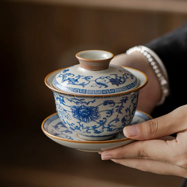 青花汝窑可悬停旋转三才盖碗单个高档泡茶碗茶杯2024新款功夫茶具