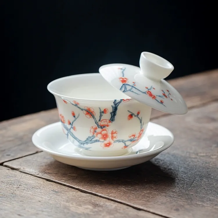 羊脂玉三才盖碗悬停德化陶瓷茶杯单个高档家用功夫茶具茶碗不烫手