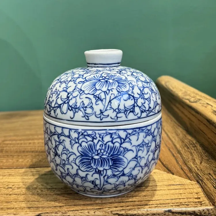 手绘青花盖缸老库存复古陶瓷