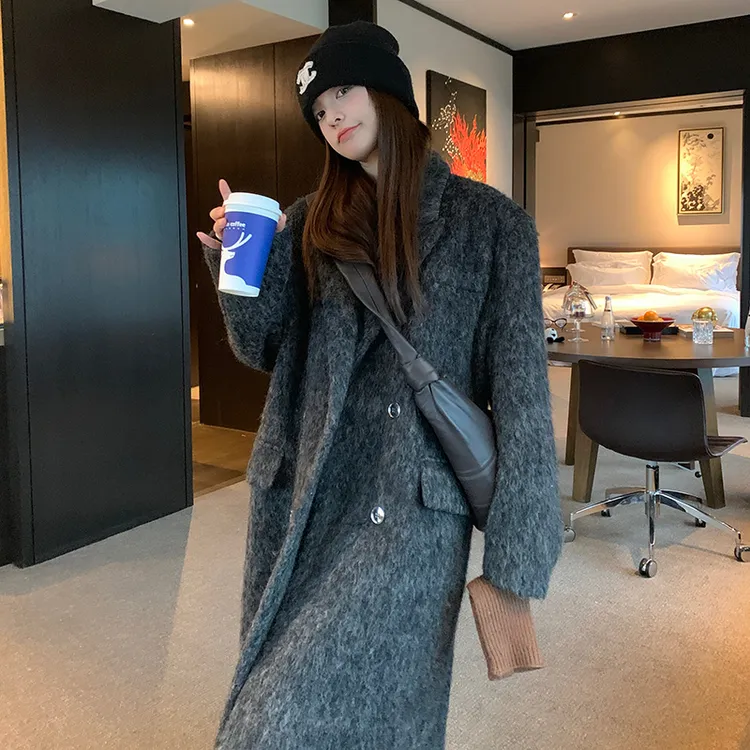 灰色高级感毛呢大衣女冬2024新款韩版加厚气质赫本风过膝呢子外套