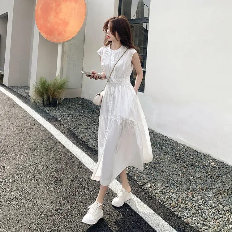 白色无袖连衣裙女夏季2025新款法式气质收腰显瘦初恋温柔风衬衫裙